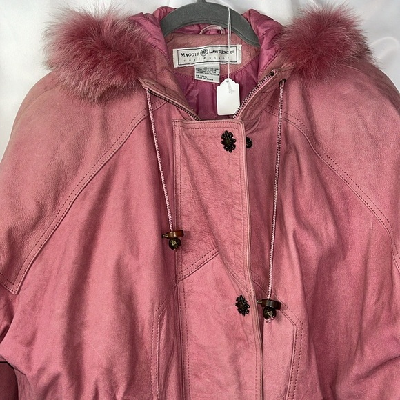 Maggie Lawrence pink leather zip/snap close fox fur trim bomber jacket Sz M PINK - Picture 4 of 13